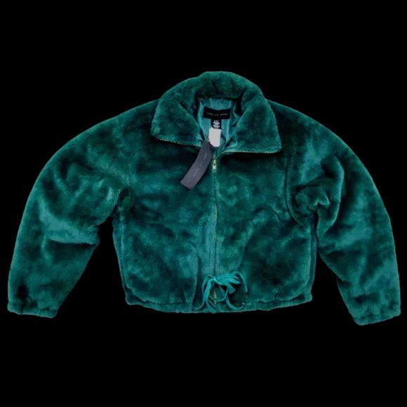 Victoria's Secret PINK Know One Cares Faux Fur Crop Full Zip Jacket Green XS NWT - Picture 4 of 8